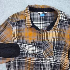 KAVU Flannel Shirt Women Small Mustard Grey Plaid Corduroy Elbow Patches